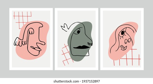 Conjunto de retratos abstractos modernos y contemporáneos de cara. Ilustración vectorial dibujada a mano en un estilo moderno mínimo. Arte de línea continuo.