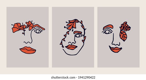 Set of abstract modern contamporary face portrait with flowers. Hand drawn vector illustration in modern minimal style. Continuous line art.