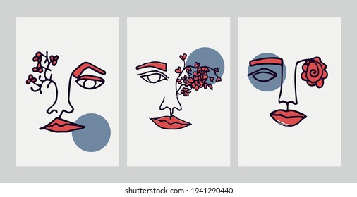 Conjunto de retratos abstractos modernos y contemporáneos con flores. Ilustración vectorial dibujada a mano en un estilo moderno mínimo. Arte de línea continuo.