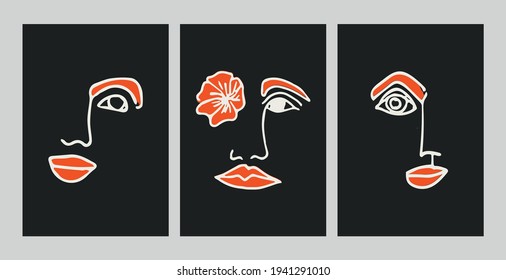 Set of abstract modern contamporary face portrait. Hand drawn vector illustration in modern minimal style with red and dark colors.. Continuous line art.