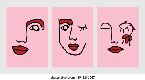 Set of abstract modern contamporary face portrait. Hand drawn vector illustration in modern minimal style. Continuous line art with pink and red colors.