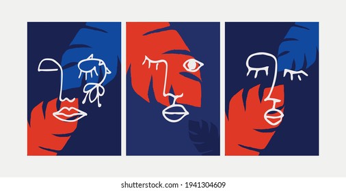 Set of abstract modern contamporary face portrait. Hand drawn vector illustration in modern minimal style. Continuous line art with red and deep blue colors