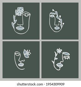 Set of abstract modern contamporary face portrait. Hand drawn vector illustration in modern minimal style. Continuous line art with khaki colors