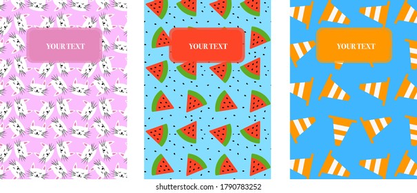 Set of abstract modern cover design with cute cats, watermelons and cones. Design for book, flyer, banner, brochure, background and notebook.