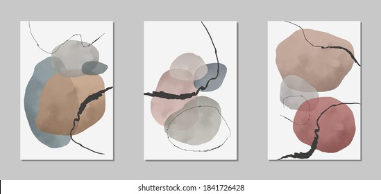 Set of abstract modern creative posters. Hand drawn style. Watercolor organic shapes and lines. Minimalist design for background, wallpaper, wall decor, brochure, print, card. Vector illustration