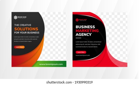 Set of abstract modern design for social media template with orange and red curve shapes and black half circles background, suitable for brand building or promotion. Space for photo.