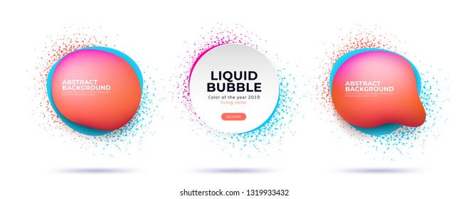 Conjunto de burbujas modernas y abstractas de líquido dinamico con salpicaduras de aerosol. Plantilla de moda para el diseño de un logotipo, banners o afiches. Ilustración del vector