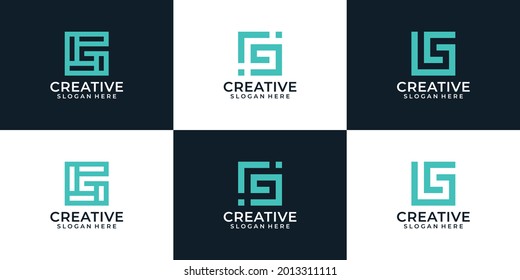 Conjunto de elementos del logotipo de la letra g del monograma de la línea elegante y moderna abstracta inspiración. El logotipo puede utilizarse para iconos, marcas, identidades, geométricas, cuadradas, cian, símbolos y tipografía