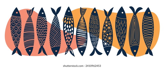 Conjunto de pescados abstractos y modernos, en colores cálidos. Ilustración de vectores dibujada a mano