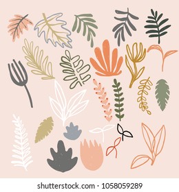 Set of abstract modern floral elements. Digital hand drawn illustration. Pastel colored naive plants. Leafs, flowers and branches. Good for patterns, cards, flyer, banner., decoration, logo design.