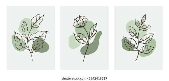 Set of abstract modern floral greenery leaves line art botanical sketch. One black continuous line art twigs, branches, flower. Vector illustration in outline simple minimalist style