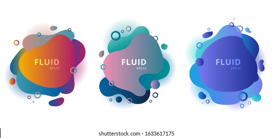 Set of abstract modern fluid shapes color badges graphic elements on white background. Gradient banners with flowing liquid shape. Template for design logo, flyer, presentation, brochure, etc. Vector
