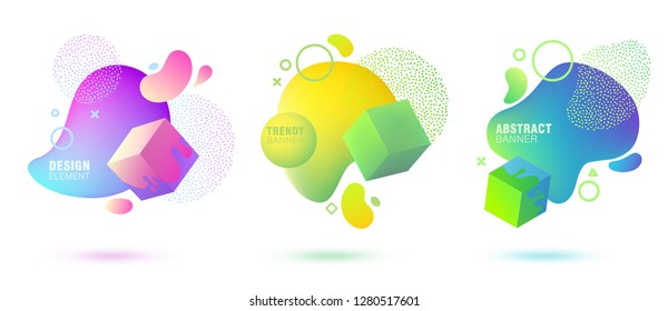 Set of abstract, modern, fluid, trendy gradient banner. Dynamical colored forms with lines, flowing liquid shapes and 3D elements. Template for design of a logo. Badge set for presentation or flyer. 