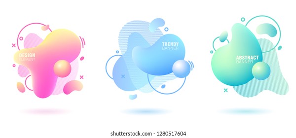 Set of abstract, modern, fluid, trendy gradient banner. Dynamical colored forms with lines, flowing liquid shapes and 3D elements. Template for design of a logo. Badge set for presentation or flyer. 