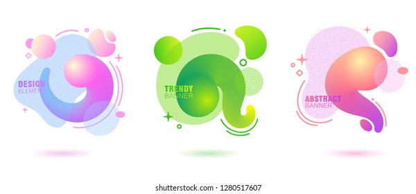 Set of abstract, modern, fluid, trendy gradient banner. Dynamical colored forms with lines, flowing liquid shapes and 3D elements. Template for design of a logo. Badge set for presentation or flyer. 