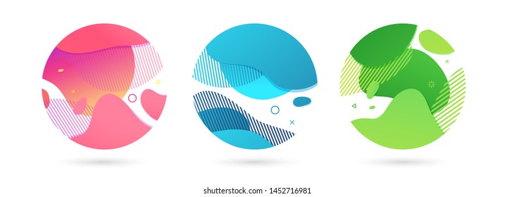 Set of abstract modern graphic circle elements. Dynamical colored around forms and line. Gradient abstract background  flowing liquid shapes. Template for the design of a flyer, presentation. Vector.