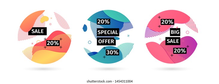 Set of abstract modern graphic circle elements. Dynamical bright colors around forms and line. Background with gradient flowing liquid shapes. Template for the design of sale and offer banner. Vector.