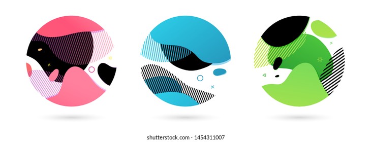 Set of abstract modern graphic circle elements. Dynamical colored around forms and line. Gradient abstract background  flowing liquid shapes. Template for the design of a flyer, presentation. Vector.