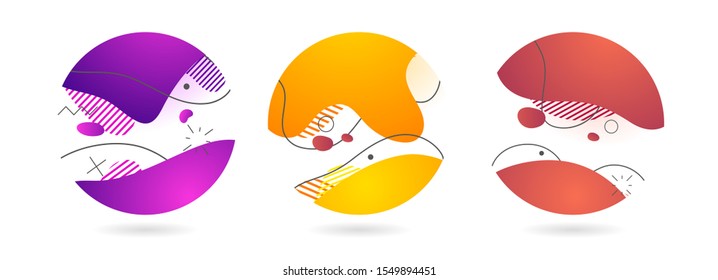 Set of abstract modern graphic circle elements. Dynamical colored around forms and lines. Gradient background flowing liquid vector banner shapes. Template for the design of a flyer, presentation.