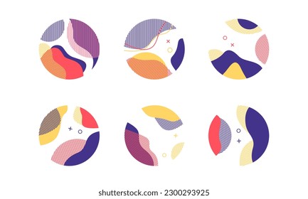 Set von abstrakten modernen grafischen Kreiselementen. Dynamische Färbung um Formen und Linien. Abstrakter abstrakter Hintergrund fließende flüssige Formen. Vorlage für die Gestaltung eines Fluggeräts, Präsentation.