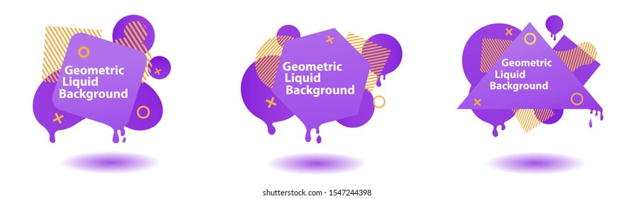 Set of abstract modern graphic elements. Gradient abstract banners with flowing liquid and geometric shapes with purple and orange colours. Template for the design of a logo, flyer or presentation.