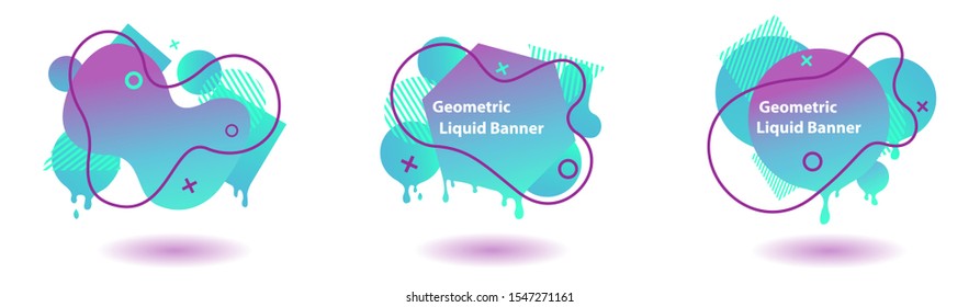 Set of abstract modern graphic elements. Gradient abstract banners with flowing liquid and geometric shapes with blue and purple colours . Template for the design of a logo, flyer or presentation.