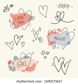 Set of abstract modern graphic elements. Dynamical colored forms and lines. Abstract banners with flowing liquid shapes, hearts, words. Template for the design of a logo