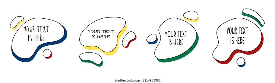 Set of abstract modern graphic elements with text in doodle style. Abstract liquid shapes for social media advertising, banner, promo, text, poster. Trendy colors and fonts. Template for the design