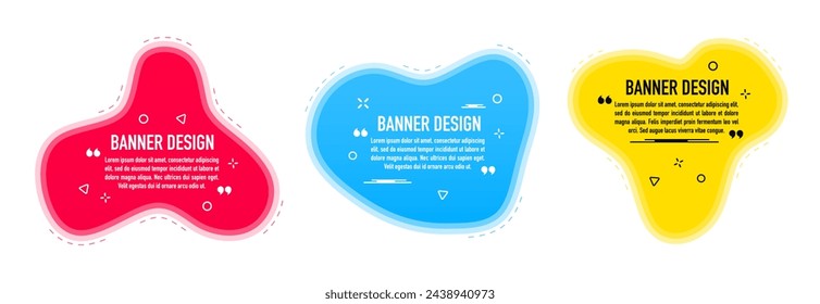 Set of abstract modern graphic elements. Dynamic colored shapes and lines. Flat geometric liquid shape with different colors. Template ready for use in web or print design. Vector illustration