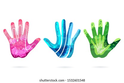 Set of abstract modern graphic hand, palm elements, icon. Surreal colored Five finger hand open symbol,logo. Template for the design of a flyer,print t shirt. Human hand, palm vector symbol, Palmistry