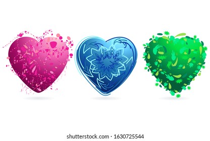 Set of abstract modern graphic hearts elements, icon. Dynamical colored lovely heart. Valentines, mothers day logo. Template for the design of a flyer, print t shirt. Valentine heart vector symbol