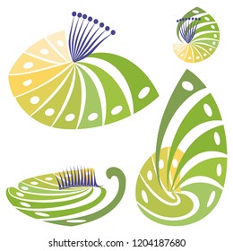 A set of abstract modern green shells. A logotype with a seashell and clam.