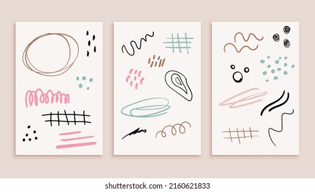 Conjunto de afiches abstractos y modernos dibujados a mano. Estilo Doodle. Doodles, puntos, líneas, puntos. Diseño moderno.