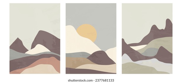 Conjunto de afiches abstractos de paisajes modernos al estilo boho. Vista de colinas montañosas con textura de pincel, acuarela. Colores de tierra. fondo para la decoración	