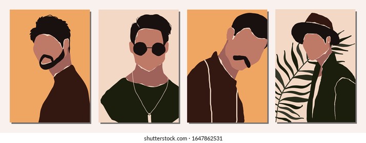 Set of abstract modern man people faces portraits artistic trendy background templates posters cards. Trendy art minimal background poster wall art print. Vector illustration in hand drawn flat style