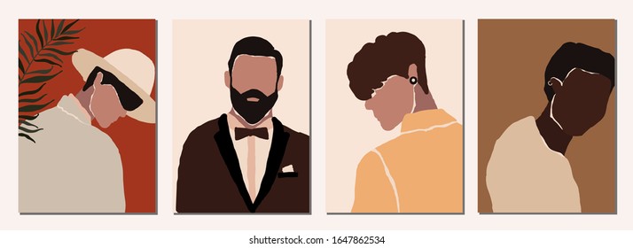 Set of abstract modern man people faces portraits artistic trendy background templates posters cards. Trendy art minimal background poster wall art print. Vector illustration in hand drawn flat style