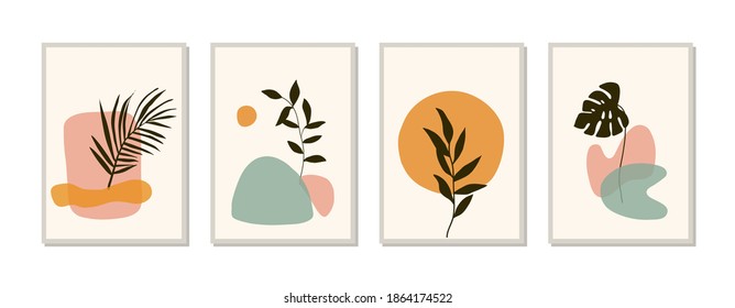 Set of abstract modern minimal floral posters. Neutral minimal trendy design for wall decor, print, card, cover, wallpaper. Mid century style, organic shapes, pastel colors. Vector illustration.