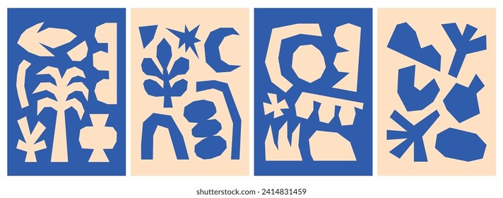 Conjunto de composiciones abstractas de color azul minimalista con formas geométricas irregulares. Ilustraciones vectoriales planas aisladas. Colección innata de elementos de doodle orgánicos. Artes murales contemporáneas.