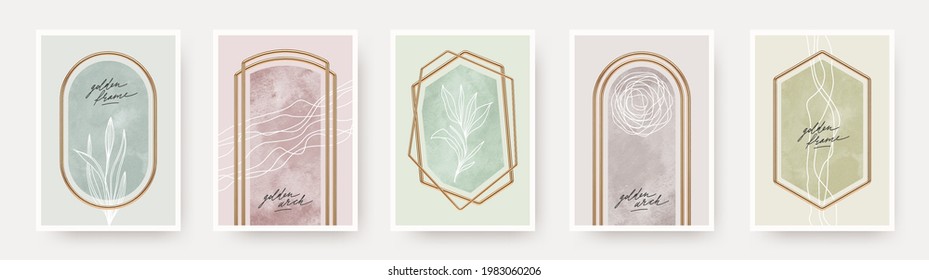 Set of abstract modern poster. Realistic golden frames and arches with watercolor and botanical hand drawn elements. Elegant luxury design for poster, flyer, cover, postcard. Vector illustration.