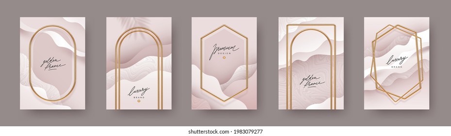 Set of abstract modern poster. Realistic golden frames and arches on fluid layered background. Elegant luxury design for poster, flyer, cover, postcard. Vector illustration.