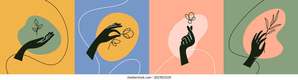 Set of abstract modern posters of black female hands with flowers. Vector logo in trendy linear style, color abstract shape. Woman hand holding branch, leaf, flower bud. Contemporary art illustration