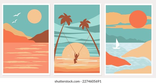 Set of abstract modern posters with the image of the ocean, boats on the background of the sun, sunset. Girl on a swing, silhouettes of palm trees, sunset. Vector graphics.