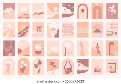 Set of Abstract Modern Posters terracotta colors. Desert landscapes, elements of ancient architecture, caravan, desert plants.  Decorative elements of a rainbow, arches, symbols of balance.