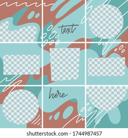 Set of abstract modern puzzle backgrounds with place to photo. Hand drawn various shapes and doodle objects. Posters, posts for social media. Flat hand drawn vector illustration of 9 isolated collage