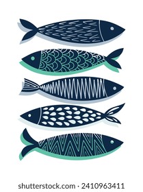 Set of abstract and modern sardines. Vector hand-drawn illustration