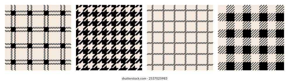 Conjunto de patrones de píxeles abstractos modernos sin costuras en blanco y negro de estilo plano, pata de gallo a cuadros