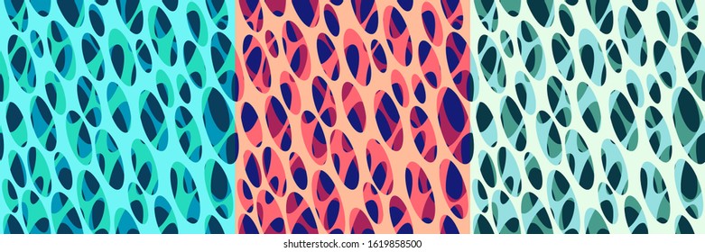 Set of abstract modern seamless graphic patterns. Biological macrostructure in trendy color palettes. Templates for wallpaper, printing products, interiors, web design. Vector illustration