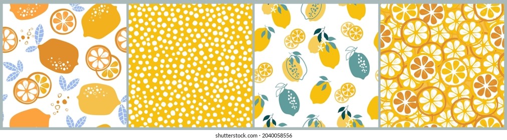 The set is an abstract modern seamless pattern with citrus fruits, useful vitamins. Healthy vegan food. Lemons, oranges, tangerines cut into round slices, slices. Simple shapes, drops. Vector graphics