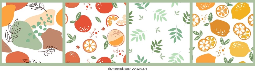 Set is an abstract modern seamless pattern with citrus fruits, useful vitamins. Healthy vegan food. Cut lemons, oranges, tangerines into round slices. Simple shapes, drops, leaves. Vector graphics.