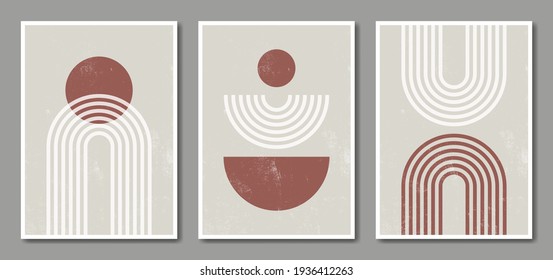 Set of abstract modern trendy contemporary posters. Rainbow, balance shapes. Minimal creative style with texture. Pastel colors. Design for wall decor, print, card, wallpaper. Vector illustration.